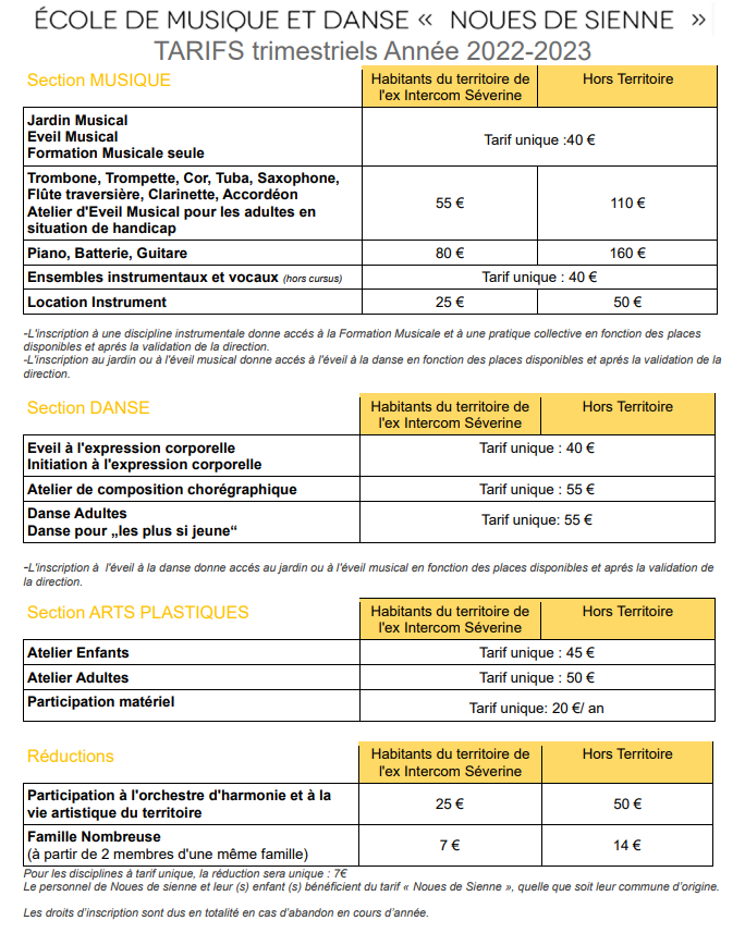 Ecole de musique Tarifs