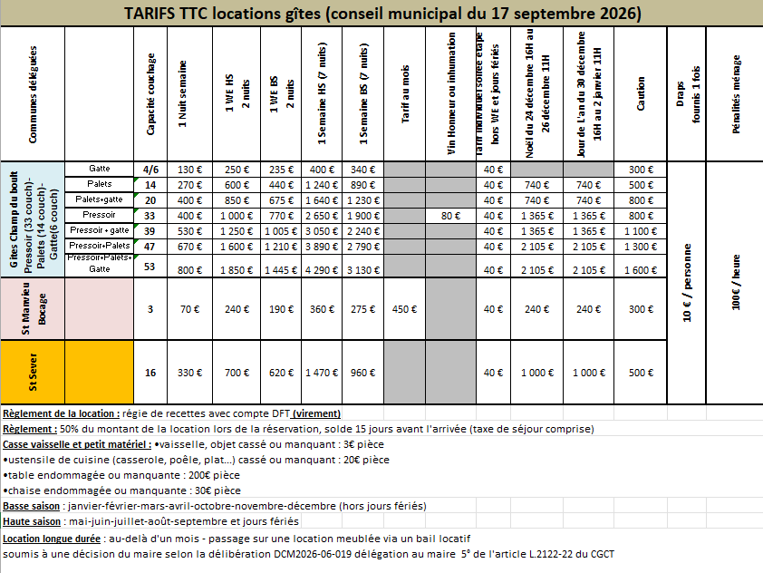 Tarifs gites 2026
