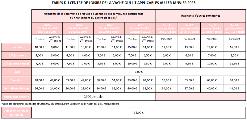 tarifs centre